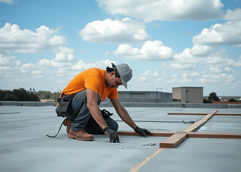 Roofers working on a repair job on a Winnipeg, MB, roof.